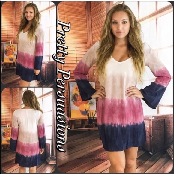 Blush White Tan Tie Dyed Long Bell Sleeve Dress - Picture 8 of 8